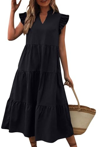 Ansenesna Sommerkleid Damen Midi Elegant Volant Kleider Damen Sommer Rüschen Ärmel Sommerkleider Damen Leicht und Luftig Damenkleider Frauen V Ausschnitt Volantkleider Schwingen Strandkleid