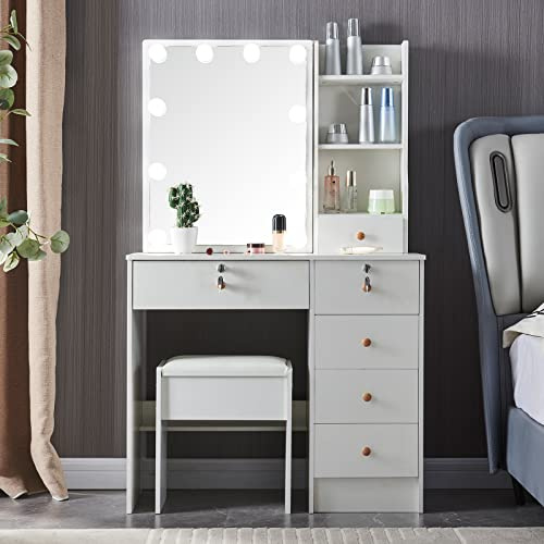 Postazione trucco, Specchiera trucco, Toletta da trucco con specchio regolabile LED illuminato, Tavolino da toilette con 6 cassetti, 3 ripiani aperti per la camera da letto (maniglie in legno)