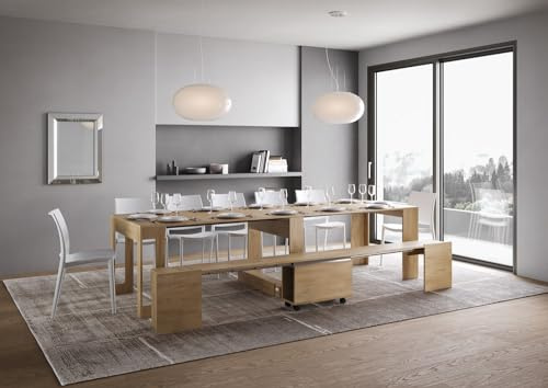 IMAGO FACTORY Lover - Ausziehbarer Konsolentisch mit unterer Bank, ausziehbarer Tisch (bis zu 302 cm), Konsolentisch für den modernen Eingang, Küchentisch, hergestellt in Italien (Eiche Natur)