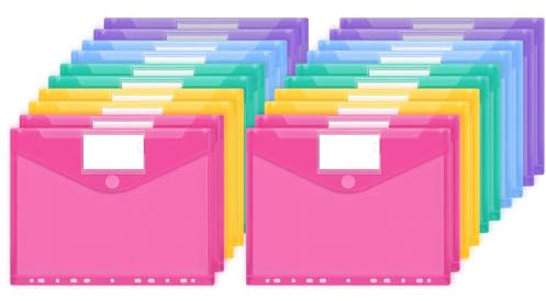 JEFURE A4 Dokumententasche 20 Stück, 5 Farben Dokumentenmappe, Wasserdichte Mappen mit 11 Löchern, Klettverschluss und Etikettentaschen, Durchsichtige Dokumentenhüllen für Dokumente Organisiere