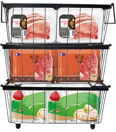 Gefriertruhe Organizer, 3 Stück Körbe für Gefriertruhe Stapelbar, Gefrierschrank Organizer Frostfest mit Griff, Gefrierkörbe für Gefriertruhe für Gefrierschränke 5–7 Kubikfuß (37,2 x 18,8 x 14 cm)