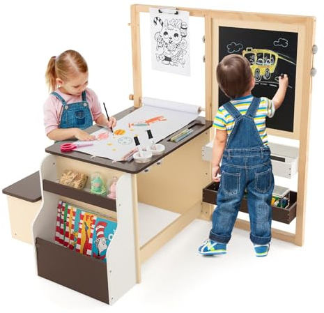 FANTASK 6 in 1 Kinder Staffelei Set, Standtafel aus Holz mit doppelseitiger Kreidetafel & Whiteboard & Papierrolle, Kindertafel höhenverstellbar mit Bank, Ablagen für Kinder ab 3 Jahren (Kaffee)