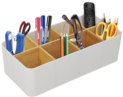 ZephyrCraft Desk Organiser, 8 Compartment White Pen Holder Office Organiser, Multifunctional Storage for Pens, Remotes & Accessories