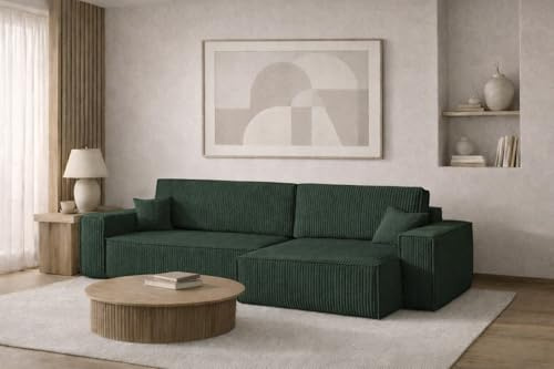 Kaiser Möbel - Ecksofa mit Schlaffunktion und Bettkasten, Schlafsofa mit Bettzeugbehälter, Wohnlandschaft L-Form, Klappsofa, Relaxsofa, Cordstoff, Bequemes Couch für Wohnzimmer, Best XL, Grün, Rechts