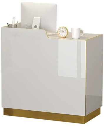 HOLGVE Empfangstheke mit Tresen, Empfangstresen, Stehtisch mit abschließbaren Schubladen, platzsparender Kassentisch for den Einzelhandel(White+Gold-R,110cm/43.3)