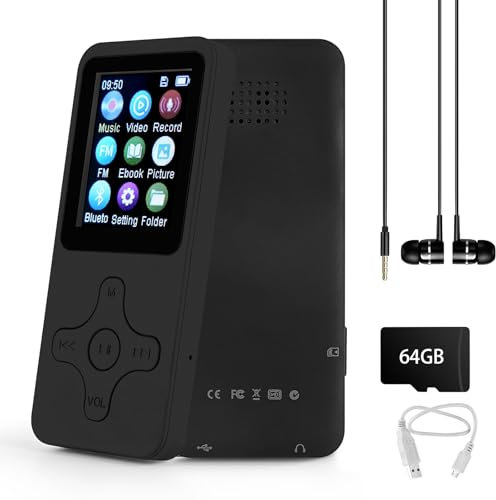 64GB MP3 Players with Bluetooth, Mini Portable Music Player MP3 & Digital Audio Player, Up to 128GB, FM Radio, Voice Recorder, E-Book, Earphones Included