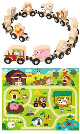 shpuuyy De Tren para Niños | Tren De Campo Y Granja Infantil De Madera,Juego Educativo De Mesa con Vehículos para Niños Y Niñas De 3+ Años