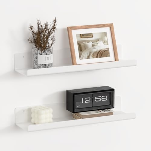 RICHER HOUSE 2er Wandregal Ohne Bohren, Weiß Acryl Schweberegal Kleben 38cm | Doppelte Befestigung (Kleber oder Schrauben), für Kinderzimmer Schlafzimmer Badezimmer Küche Wohnzimmer Lagerung Organisation