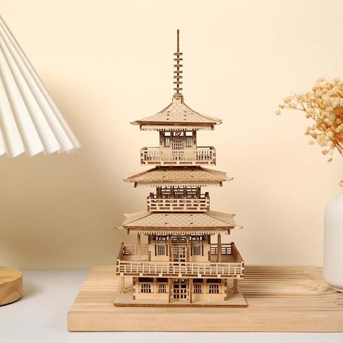 Hallisun 3D Wooden Puzzles for Adults, Wooden Four-Storied Pagoda Model Kit, Self Assembly Japanese Temple Model Kit, DIY 3D Puzzle Pavilions Construction Building Crafts Birthday Gift Decor, 196 PCS