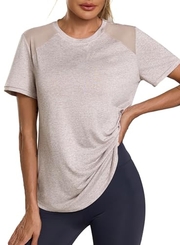 Terecey Women's Sports T-Shirt Crew Neck Short Sleeve Tee Moisture Wicking Dry Fit Running Fitness Gym Tops Mesh Panel Breathable Lightweight Ladies Yoga Shirts, Khaki L