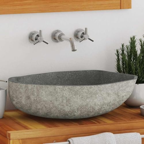 HaoChrymec Naturstein Waschbecken mit Flussstein, Oval Design, Handwaschbecken für Badezimmer, Waschküche, Kleine Größe, Weiß, 45-53 x 34-41 x 15 cm