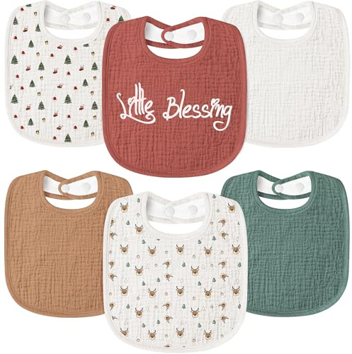 Susurration Bavoirs Bébé Mousseline Foulard, Doux Réglable Carré Bébé Bavoir 6 pack pour Unisexe Fille&Garçon (Christmas Bells)