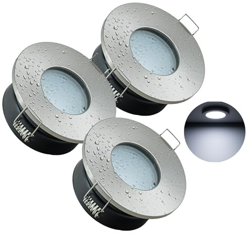 JungesLicht - IP65 Einbaustrahler 12V inkl Trafo, 3x 1W LED Leuchtmittel tageslichtweiß 6400K 100Lm - austauschbar, Bohrloch 68-72mm, Außen 83mm, Tiefe 65mm, Komplettset, Bad Einbauleuchte, Deckenspot