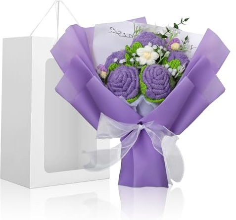 Foyucool Ramo Ganchillo con Bolsa Regalo, Púrpura | Ramo Terminado Hecho a Mano. Detalle Ideal para Mujer en Bodas, Día de la Madre, Día del Maestro y San Valentín.