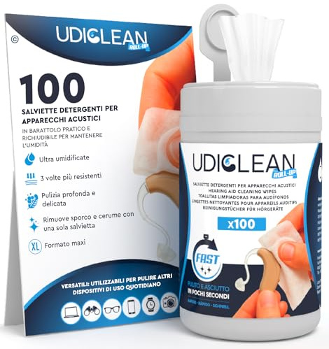 100 Reinigungstücher für Hörgeräte Reinigungsmittel und Luftbefeuchter Udiclean - Wiederverschließbarer Tiegel Speichert Feuchtigkeit - Maxi Widerstandsfähige Tücher Gründliche und Sanfte Reinigung