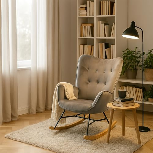 MEUBLE Cosy Relaxsessel, Bequemer Schaukelstuhl, Schaukelsessel für Wohnzimmer aus Samt mit Holz und Metallfüßen