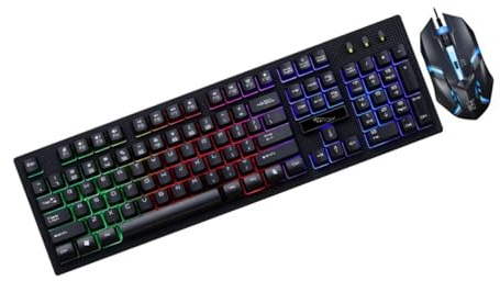 OKUMEYR Kit Clavier et Souris pour Ordinateur USB Mécanique, Rétroéclairage Lumineux, Design sans Conflit, Clavier 104 Touches et Souris