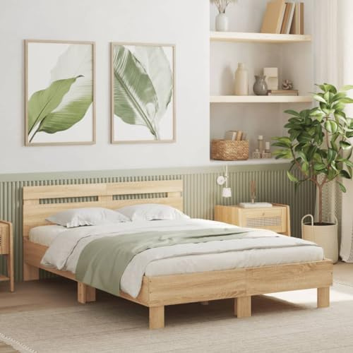 QJBSAVVA Bettgestell Sonoma-Eiche 120x200 cm mit Kopfteil Holzwerkstoff massiver Lattenrost Jugendbett Single modernes Design für Schlafzimmer Gästezimmer