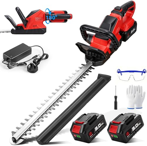 Cordless Hedge Trimmer, Brushless Battery Hedge Trimmers, 20.5IN Dual Action SK5 Blade Hedge Cutter, Max Cutting Diameter 16mm(0.6IN), 180° Rotatable Handle, with 2*3.0Ah Battery, for Shrubs Trimming