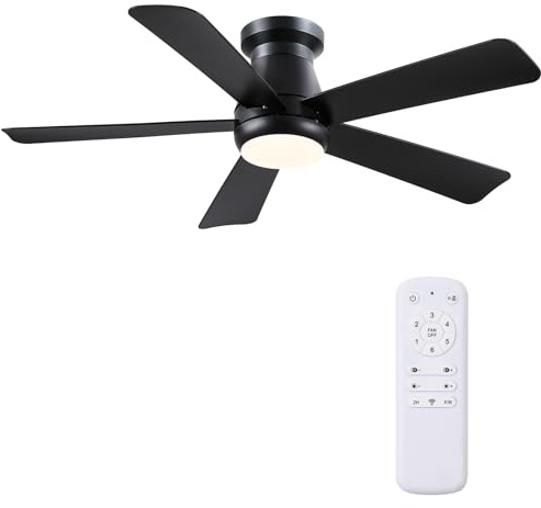 Kviflon Black Ceiling Fan with Light and Remote Control, 46 Inch Flush Mount Low Profile Fandelier, Dimmable 3-LED, Quiet Reversible DC Motor, Modern 5-Blade Design for Bedroom, Living Room & Kitchen