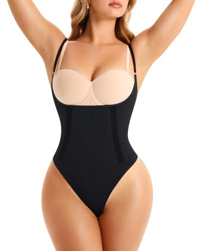 Nebility Shapewear for Women Bodysuit Tummy Control Body Shaper Open Bust Slim Belly Seamless Thong Body Suits (Black, Large)