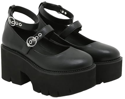 Jemnpela Women’s Punk Mary Jane Platform Shoes with Rivet Bow-Know Chain Casual Gothic Leather Black Pumps Round-Toe Chunky Heels in Jeans JK Dress Skirts for Halloween Travel Party Cosplay Dating