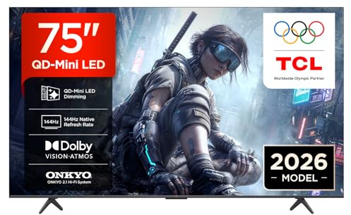 TCL 75T8D Televisor 75 Pulgadas QD-Mini LED 4K Smart TV, Gaming TV, 144Hz Game Accelerator 288Hz FHD, FreeSync Premium, Dolby Vision & Atmos, HDR10+, Onkyo 2.1, Google TV, Game Master