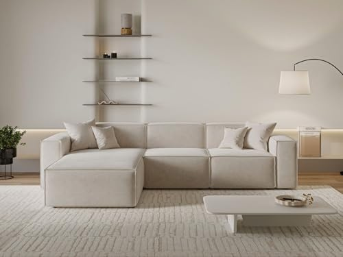 GRAINGOLD Arizona Ecksofa 265x180 cm, L-Form Sofa, Ecksofa für Wohnzimmer, Velour-Stoff, 3-Sitzer Eckcouch, Modernes Design (Beige, Links)