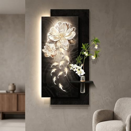 Arte de Pared 3D LED de Arenisca Texturizada, Diseño Floral y Nueve Peces, Alimentación Enchufable, Jarrón de Vidrio con Planta Artificial(50x100cm(19.7x39.4in),E)