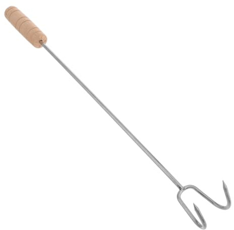 Toyvian Gancio per Barbecue in Acciaio Inox Manico in Legno Ergonomico, Doppio Gancio per Grigliate e Cottura all'Aperto, per Carne, Tacchino e Feste in Giardino