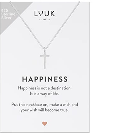LUUK LIFESTYLE Halsband i 925 Sterling Silver med olika berlocker och ett inspirerande HAPPINESS-kort, lyckoamulett, vänskapsgåva, damsmycken, silver, guld, rosé