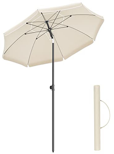 SONGMICS Sonnenschirm 160 cm, Sonnenschutz, UPF 50+, Strandschirm, beidseitig um 30° knickbar, höhenverstellbar, mit Tragetasche, für Balkon, Garten, Terrasse, Strand, ohne Ständer, beige GPU60WTV1