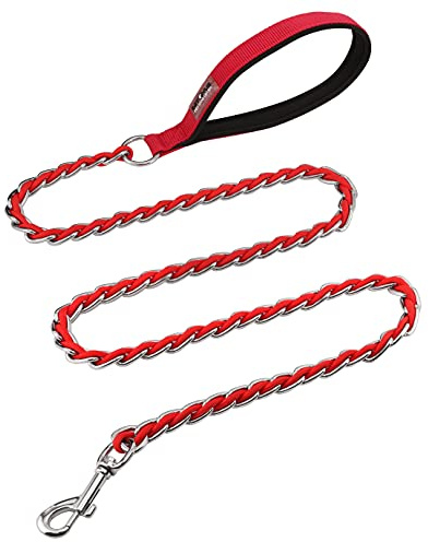 Chain Dog Leash Chew Proof Metal Leash for Medium Large Dogs, Chain Link Dog Anti Chew 5.2FT / 4FT Strong Anti Bite Comfortable Soft Padded Handle (red, 5FT(30-80lb)