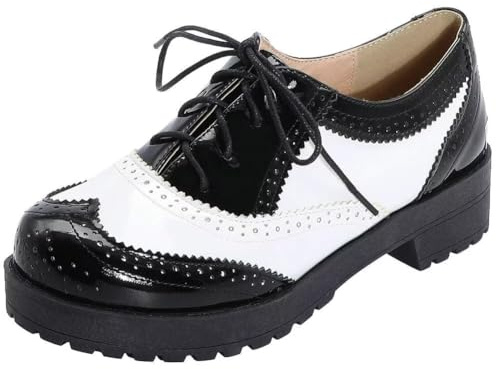 Agodor Women's Lace up Wingtip Oxford Shoes Chunky Heel Platform Vintage Round Toe Brogue Shoes (US 8.5, White)