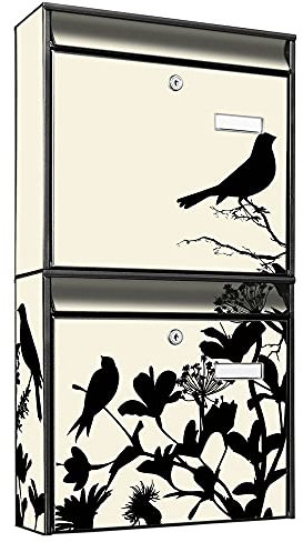 banjado Briefkastenanlage 2 Fach - 2 Briefkästen 36x64x10cm groß - Doppelbriefkasten Set - Namensschild, 2 Schlüssel, Montagematerial - Stahl verzinkt schwarz - Motiv Vögel Blumen