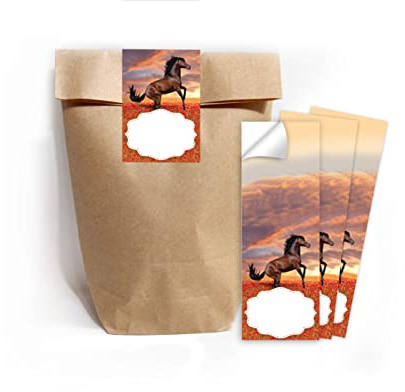 Junapack 12 Geschenktüten (Natur) + 12 Aufkleber Pferd für Mitgebsel Gastgeschenk beim Kindergeburtstag Mädchen