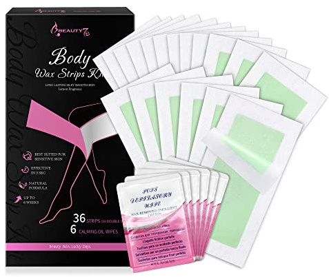 Strisce di Cera Depilatorie del Corpo per Gambe, Braccia, Ascell Confezione da 36 Strisce con 6 Pezzi Salviette Detergenti Olio Beauty7
