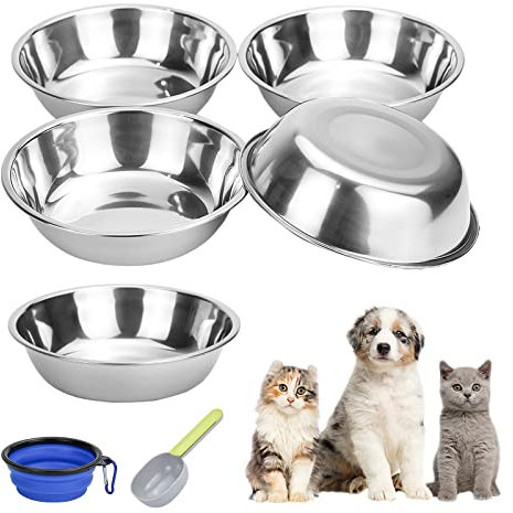 5 Stück Katzennäpfe, Edelstahl Katzennapf Futternapf Katze mit Löffel und Faltbarem Napf Fressnapf Futterschüssel Wasser Fütterung Schüssel, Ideal für Kleine Hunde und Katzen (5, 400ml)