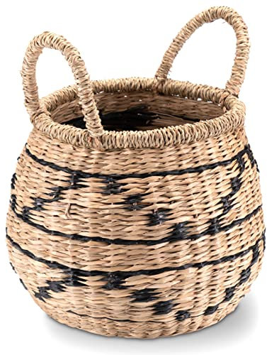 Decorasian Dekokorb, geflochten aus Seegras mit Ethno Muster - dekorativer Bastkorb mit Henkel - Übertopf für die Fensterbank
