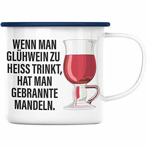 Trendation - Glühwein Emaille Tasse Lustig Spruch Glühweinbecher mit Henkel Doppelwandig GlühweinEmaille Tassen Gläser Weihnachtsmarkt Becher Emaille Tassen Geschenk - Gebrannte Mandeln (Blau)
