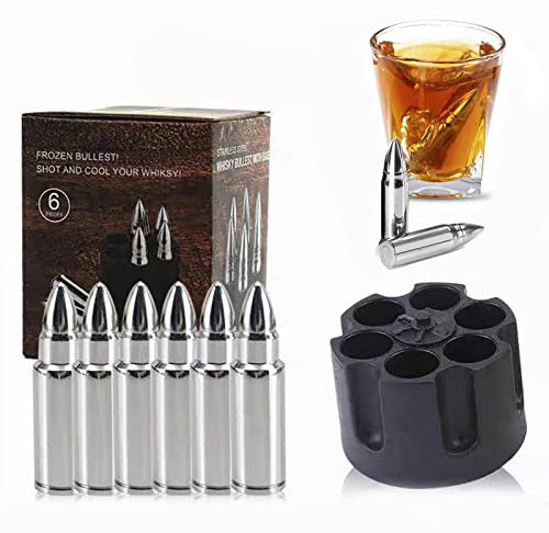 6 Stück Edelstahl Eiswürfel,Edelstahl Whisky Steine Bullets mit Basis,Wiederverwendbare Eiswürfel als Alternative zur klassischen Eiswürfel,Whiskey Steine aus Metall,Whiskey Zubehör Geschenk (Silber)