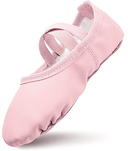 Ballet Shoes Girls Leather Ballet Dance Slippers Full Sole Dance Flats Thickened Cotton Lining Ballerina Shoes with Cross Elastic Straps for Toddlers Kids Pink