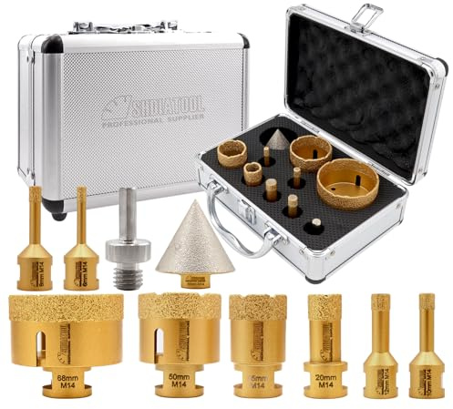 SHDIATOOL Brocas Diamantadas M14 Rosca 6/8/10/12/20/35/50/68mm/50mm Brocas Chaflán/Adaptador Mango Triangular para Porcelánico Cerámica Granito Mármol