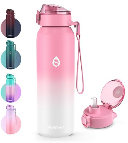 WEMEET Botella Termica con Extraíble Paja 1000ml, Botella Agua 18/10 Acero Inoxidable de Doble Pared, Sin BPA Botella Agua, Cantimplora Para Gimnasio, Ciclismo, Escuela, Deporte (Blanco Rosa)
