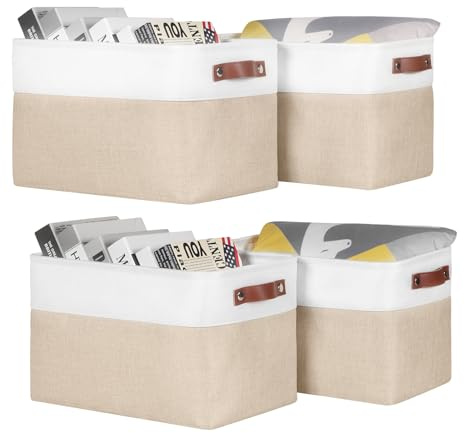 Univivi Fabric Storage Baskets Set of 4, Rectangular Storage Baskets for Shelves, Foldable Baskets for Storage with Hard Bottom, Storage Boxes for Shelves, Toy, Clothes, Office - White/Beige