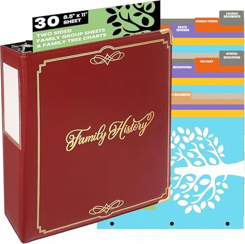 Performore Family History Binder, 3 Inch Genealogy Ring Binder Includes 30 Two Sided Large Family Group Sheets, 8.5 x 11 Inch Printed Paper with Blank Charts, Three-Hole Punch and Pen Loop