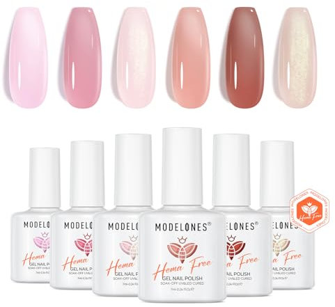 Modelones UV Nagellack, 6 Farben Rosa Nude Pink Glitzer Hema-free Gel Nagellack UV Lack Gellack Set Gelnägel für Soak Off Gel Nail Polish French Manicure Nail Art Nageldesign
