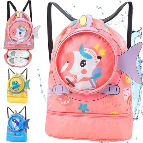 YOUYIKE Mochila con Cordón para Niños, Pequeño Tiburón Mochila Piscina Impermeable Separación en Seco-Húmedo con Compartimento para Zapatos, Adecuado para niños y niñas, Playa, Acampar