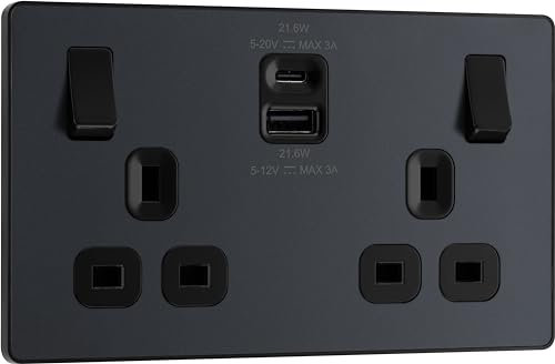 BG Electrical 22W Double Switched Power Wall Plug Socket with Fast Charge Type A and Type C USB Charging Ports, Evolve, Matt Grey, 13A, PCDMG22UAC22B