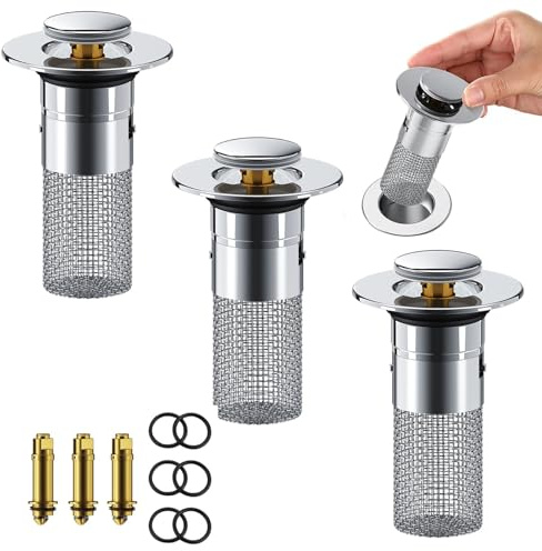 Press Type Sink Wash Basin Water Plug Drain, Waschbeckenstöpsel für Waschbecken für 34-40mm Abfluss Ablauf, Sink Bounce Core Drain Strainer Universal Abfluss Haarfänger für Bad und Küche (3)